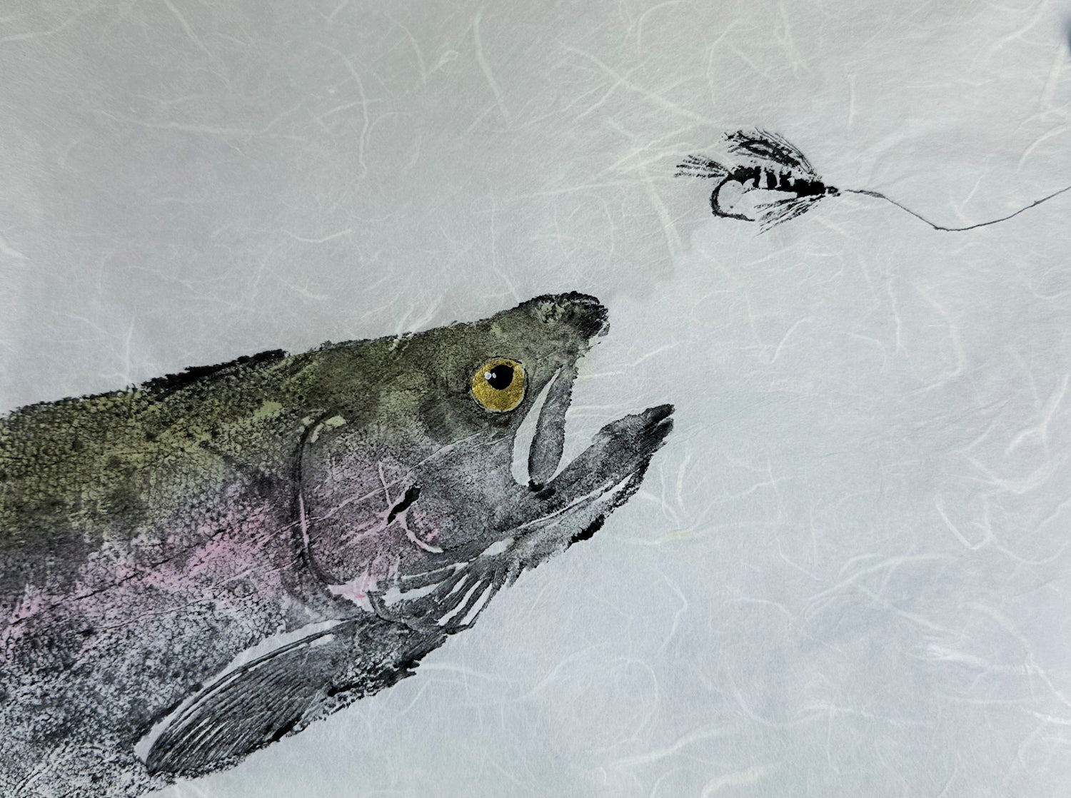 Gyotaku steelhead flyfishing art print ocean